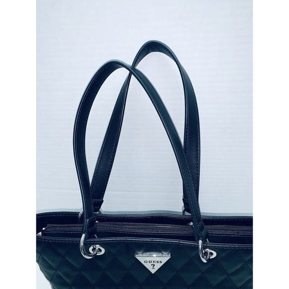 Guess Quilted Tote Purse Black Silver Faux Leather Pockets Slots Zipper Top EUC - Picture 5 of 16